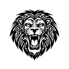 Obraz premium A fierce roaring lion head depicted in a black and white tribal tattoo style illustration.