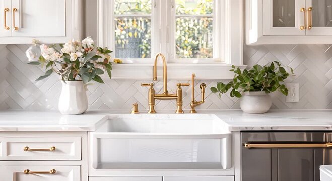 White Kitchen Sink with Blue Hardware and Farmhouse Style