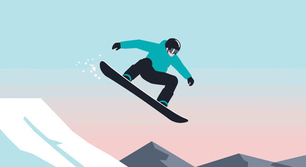 Naklejka premium Snowboarding jump action mountain landscape digital illustration winter environment dynamic viewpoint. Vector illustration