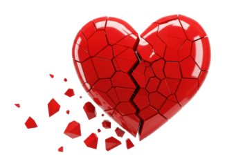 Heartbreak and emotion a cracked red heart symbolizing love's fragility studio environment. Cut out PNG