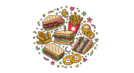 Fototapeta premium Delicious sandwiches and fries arranged in a fun, colorful circular pattern with playful decorative elements creating a vibrant and appealing visual.
