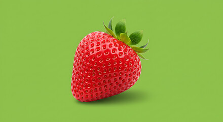 Vibrant Ripe Red Strawberry with Green Stem Isolated on a Bright Green Background, Fresh Fruit Studio Shot