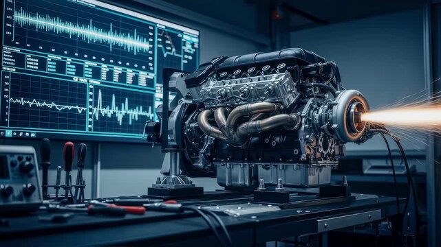 Formula One engine dyno test in progress with digital waveform displays illustrating combustion pulses and timing accuracy.