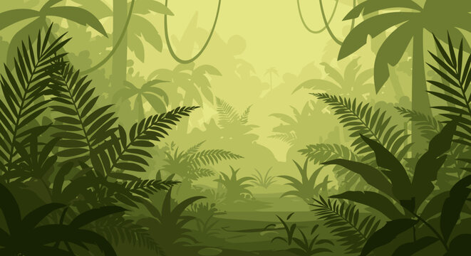 Exploring lush jungle terrain amazon rainforest nature illustration serene environment wide angle view tropical vibes. Vector illustration