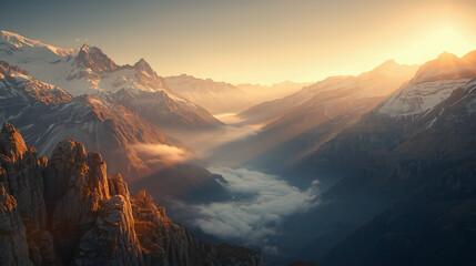 Majestic Mountain Range Sunrise Scenery with Foggy Valley Landscape View