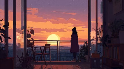 Woman standing balcony sunset view cityscape