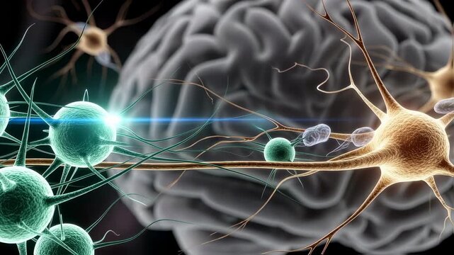 Conceptual illustration of activated microglial cells interacting with neurons in the human brain symbolizing innovative approaches to slowing the progression of neurodegenerative