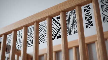 Wooden Slat Structure with Black and White Geometric Patterns, Artistic Detail