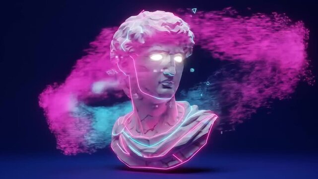 A bust of a classical sculpture is surrounded by vibrant pink and blue smoke-like effects, with glowing eyes and neon outlines.