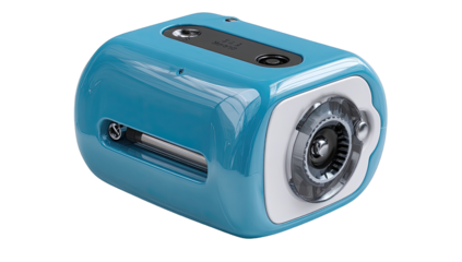 Light teal boxy device with complex machinery