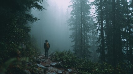 Person hiking on forest trail in misty woods