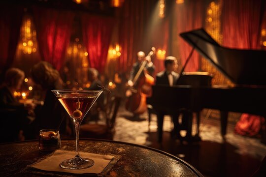 Jazz club interior with cocktail and piano