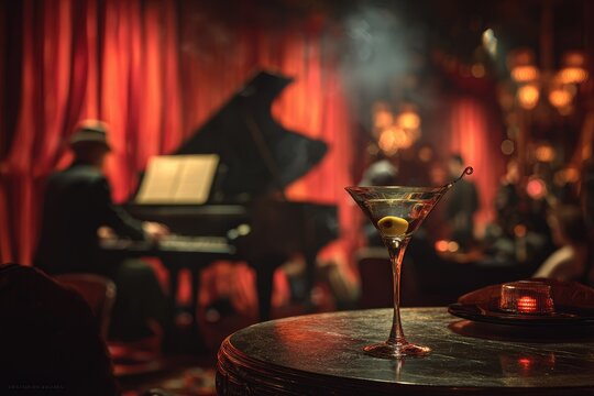 Piano player and martini in a dimly lit bar