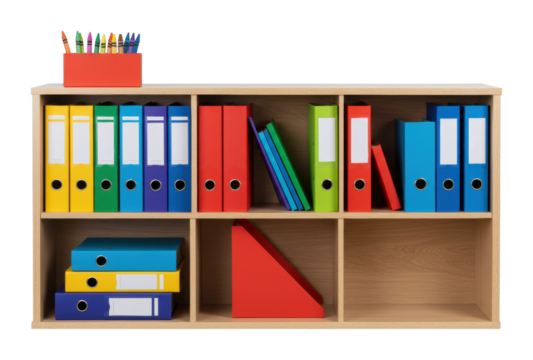 Organized office supplies display in modern workspace colorful binders and crayons minimalist bright atmosphere. Cut out PNG