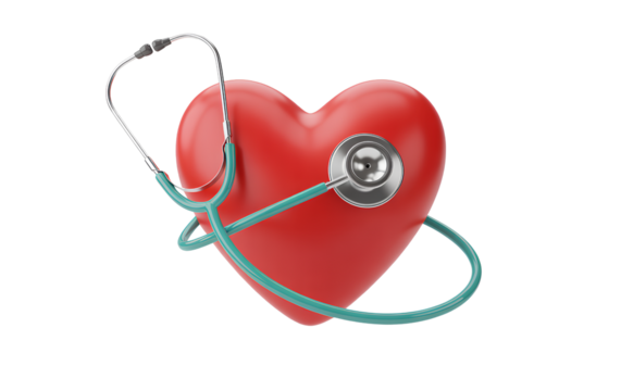Red Heart Symbol with Stethoscope Wrapped Around, Front View, Isolated on Transparent Background