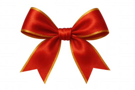 Golden-edged red bow floating against transparent backdrop, enhancing gift packaging, event stationery, festive decorating elements - Powered by Adobe