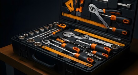 Fototapeta premium A clean and well-lit workshop bench with an open toolbox displaying neatly arranged tools like hammers, wrenches, and pliers, symbolizing organization.