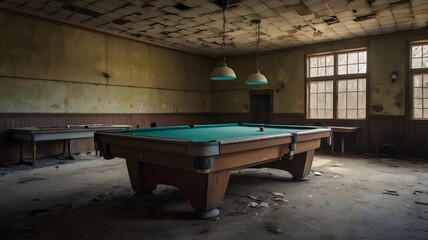 An abandoned pool hall with dusty tables and a lone 8-ball in the middle, mysterious and nostalgic storytelling 3