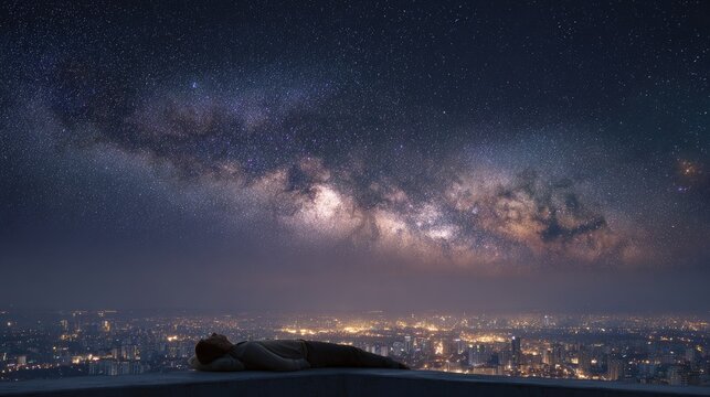 Person lying down under starry night sky