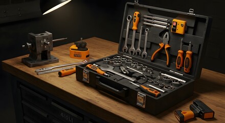 Modern garage workbench with a toolbox containing a complete set of neatly organized tools, symbolizing precision and reliability.