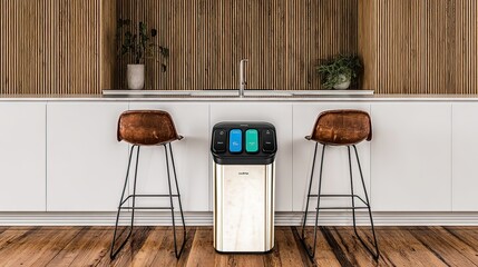 Sleek, metallic water dispenser with three colored buttons sits between two brown leather bar stools in a modern kitchen with wooden wall paneling and white cabinetry