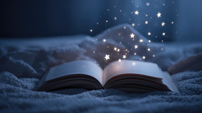 Open book with glowing stars and cozy blanket