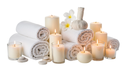 Relaxing spa setup with candles and towels tranquil home environment wellness concept. Cut out PNG