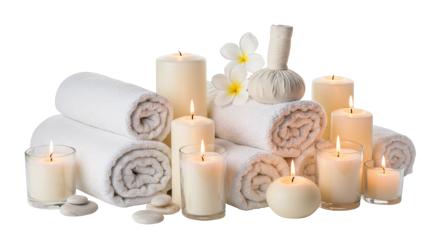 Relaxing spa setup with candles and towels tranquil home environment wellness concept. Cut out PNG