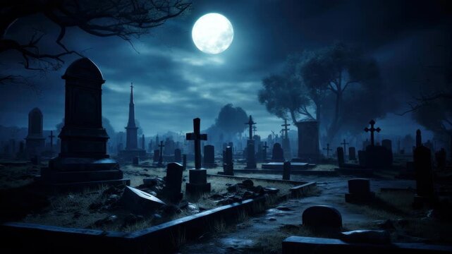 Eerie graveyard under a full moon, captured from a low angle. The dark, moody atmosphere is perfect for a horror video setting. Live desktop wallpaper.