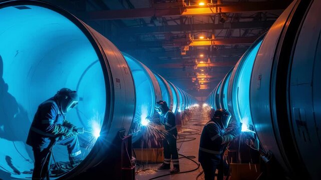Multiple hyperloop tube vacuum segments aligned side by side welders working systematically under bright blue and orange safety lighting.