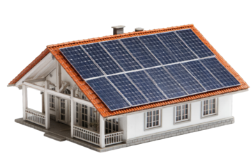 3D model of a house with solar panels on the roof