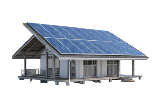 3D model of a small house with solar panels on the roof