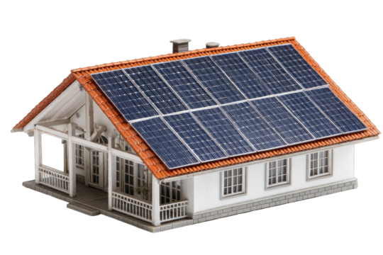 3D model of a house with solar panels on the roof
