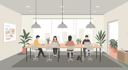 Collaborative brainstorming session modern office space digital illustration calm environment aerial view teamwork dynamics. Vector illustration