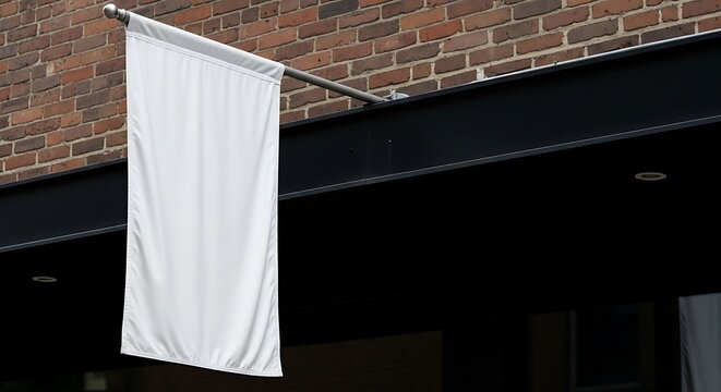 Blank White Vertical Flag Hanging on Building Mockup