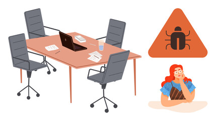 Office table with laptop, papers, and empty chairs, a triangular bug sign, and a thoughtful woman. Ideal for teamwork, cybersecurity, brainstorming, problem-solving debugging technical issues