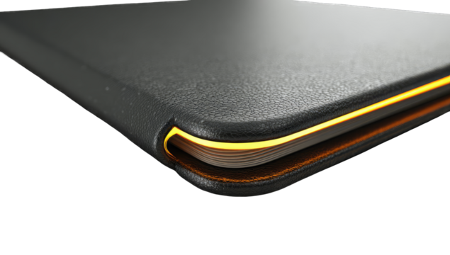 Close-up of a dark gray leather-like book or journal with a glowing edge