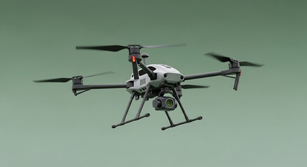 Fototapeta premium Modern Quadcopter Drone with Camera Hovering. Advanced UAV Technology for Aerial Photography, Mapping, and Surveillance on Green Background.