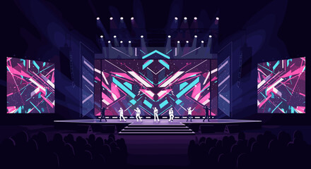 Dynamic dance performance on led stage concert venue digital art nighttime audience view entertainment concept. Vector illustration