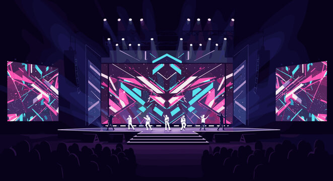 Dynamic dance performance on led stage concert venue digital art nighttime audience view entertainment concept. Vector illustration