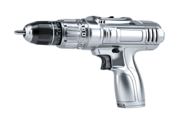 Silver electric drill, angled view