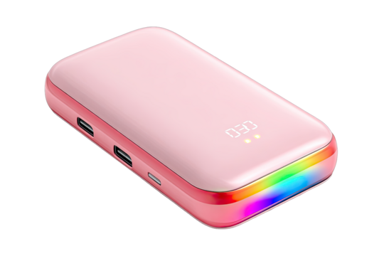 Pink portable power bank with colorful LED light