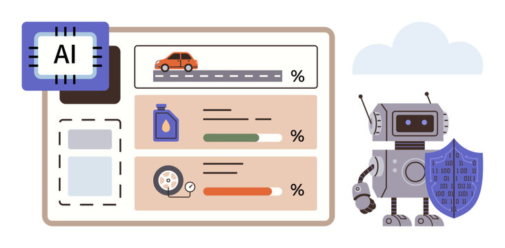 Robot with shield and AI processor reviewing car performance metrics. Dashboard shows stats of oil level, tire condition, and mileage. Ideal for AI, automation, car tech, innovation, safety smart