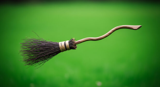 Magical flying broomstick on green background, fantasy concept