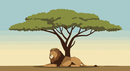 Lion resting under acacia tree african savanna digital art calm environment side view wildlife concept. Vector illustration