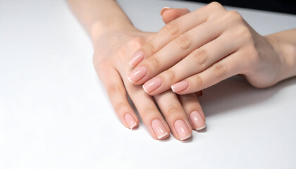 Fototapeta premium Close-up of elegant female hands showcasing a perfect French manicure on a clean white background, emphasizing beauty and professional nail care.