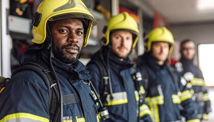 A confident African American firefighter leads his diverse team of first responders, showcasing unity and bravery.