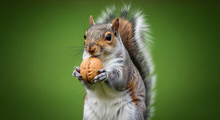 Cute Grey Squirrel Holding a Walnut. Adorable wild animal standing with food against a blurred green background.