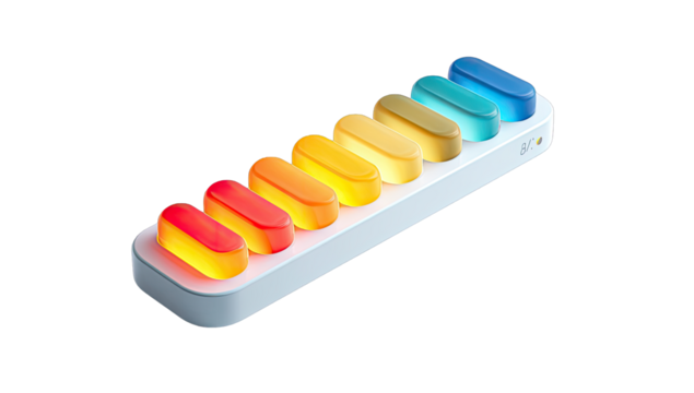 Colorful, oblong, light-up keys arranged in a row on a white base - Powered by Adobe