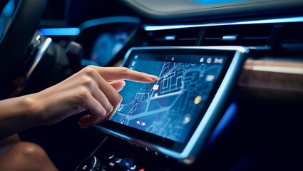Close-up of a woman's hand using the GPS navigation map on a large touchscreen in a modern car with futuristic blue ambient lighting.
